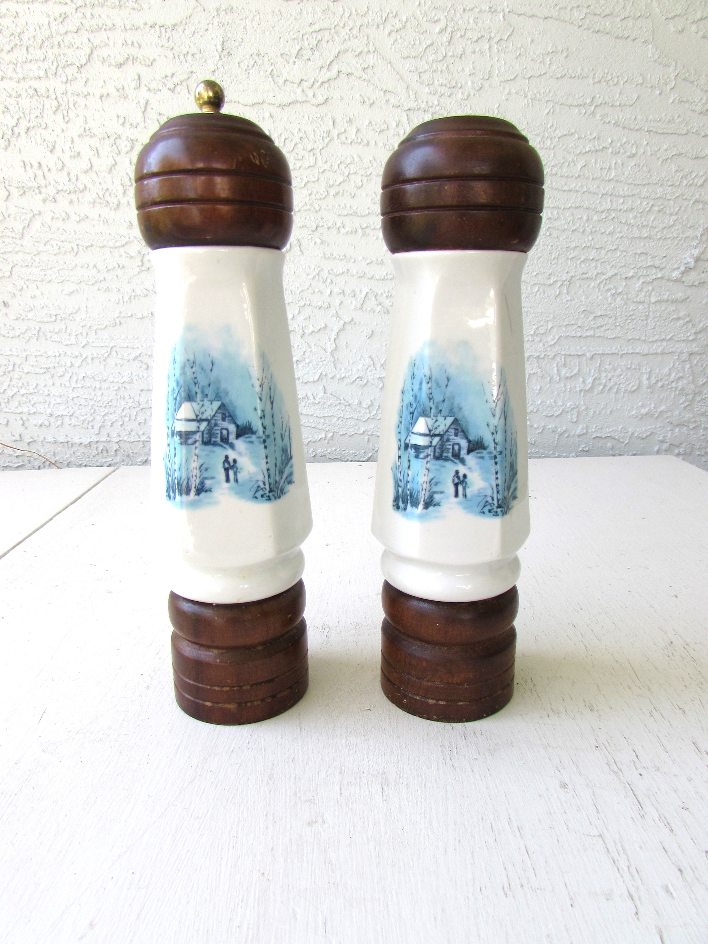 Vintage Wood and Porcelain Salt and Pepper Shakers - Blue