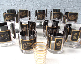 Mid Century Barware Set: Telephone Design Cocktail Glasses, Hollywood Regency