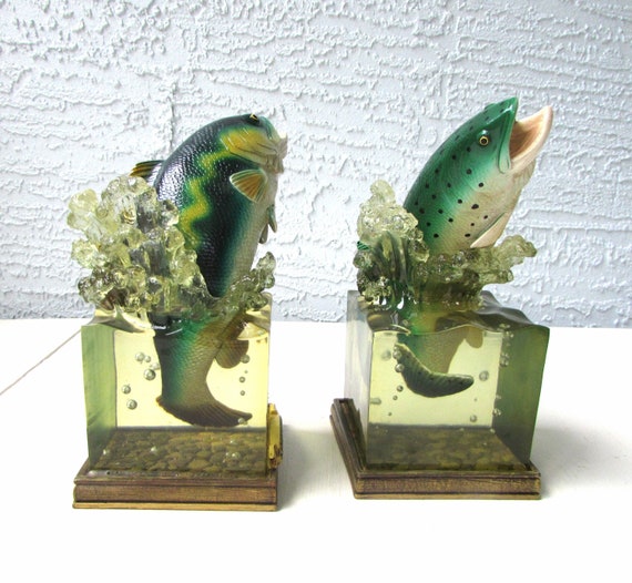 Acrylic Fish Bookends Rainbow Trout Large Mouth Bass Enesco