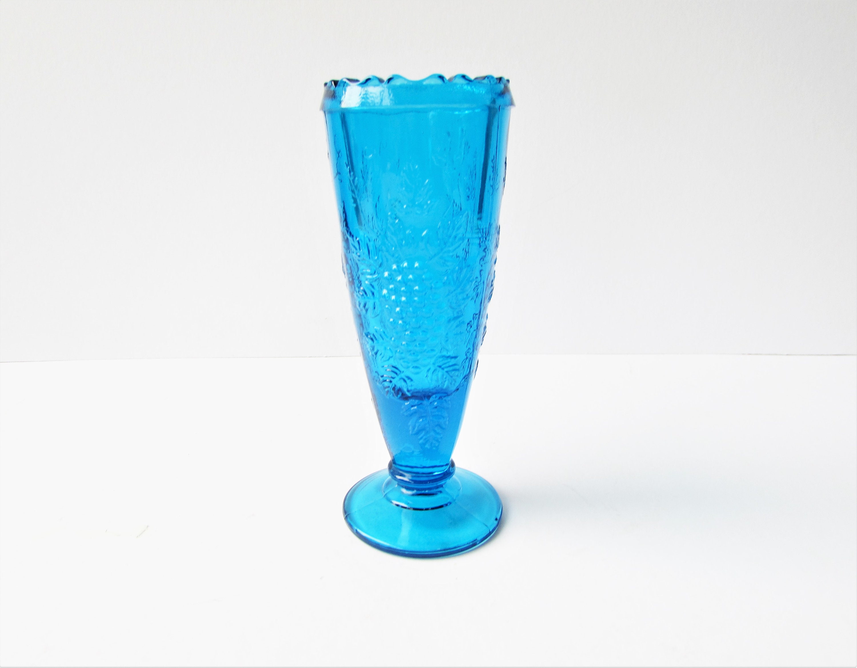Vintage Blue Pressed Glass Vase Bright Peacock Blue Glass Etsy