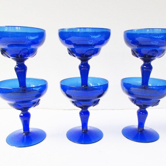Vintage Coblat Blue Champagne Coupes or Tall Sherbets - Cobalt Blue Glass - Set of 6