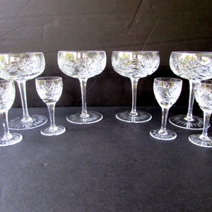 8 Vintage Cut Crystal Champagne Coupes and Port Glasses - Cut Glass Stemware -4 Coupes and  4 Port Wine Glasses - Pinwheels and Pineapple