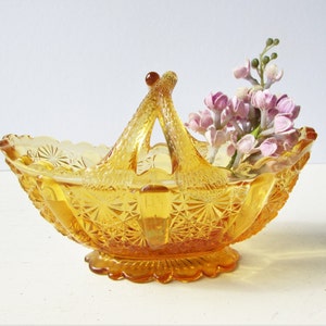 Vintage Fenton Glass Basket - Amber Glass with Split Handle - Daisy and Button Pattern