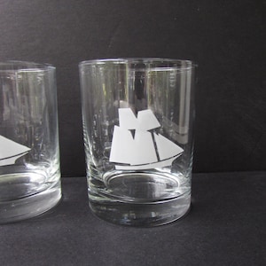 Mid Century Barware Rocks Glasses Sailboat Etched Clear Glass -Set of 8 - Low Ball  - Tall Ships Design Whiskey - Craft Cocktails Glasses