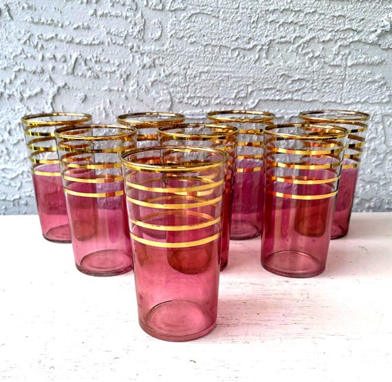 Vintage MacBeth Evans Cranberry Glass Tumblers: 22K Gold Stripes, Set of 8