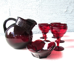 Vintage MCM Red Glass Pitcher Set - Anchor Hocking Pitcher - New Martinsville Glasses - Small Berry Bowl - Royal Ruby Glass