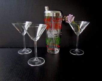 Mid Century Cocktail Shaker with 3 Martini Glasses - Vintage Barware