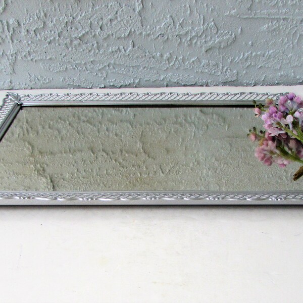 Mid Century Painted Brass Filigree Vanity Mirror Tray - Silver Metallic Painted Tray - Mirror Tray - Vanity Tray -