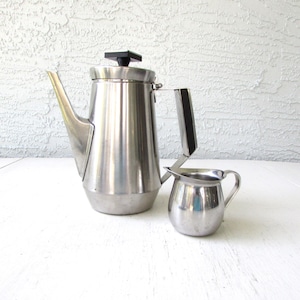 Mid Century Stainless Coffee Set - Stanley Roberts - Coffee Pot with Creamer - Stainless Steel - Japan - MCM Stainless