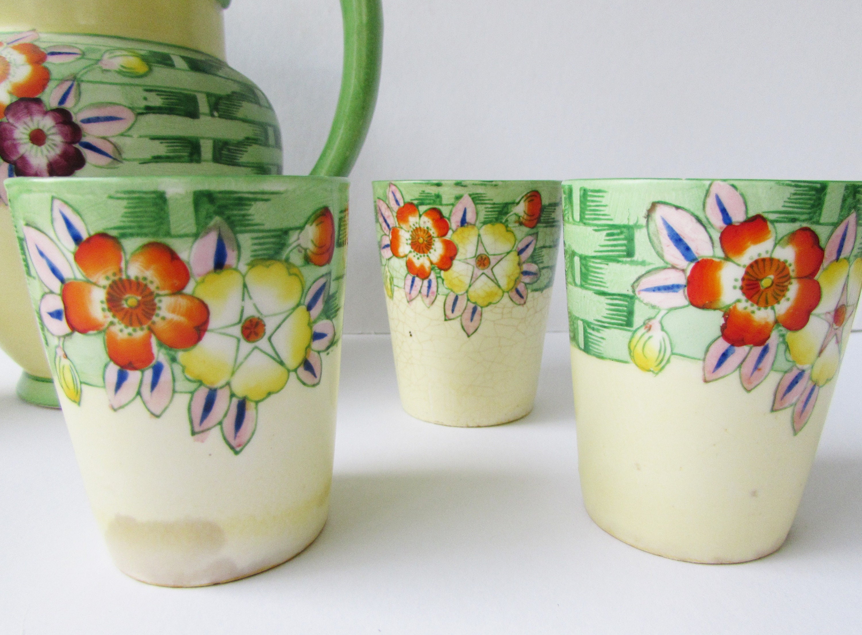 Vintage Ceramic Pitcher Set Bright Yellow and Green Wicker Etsy 日本