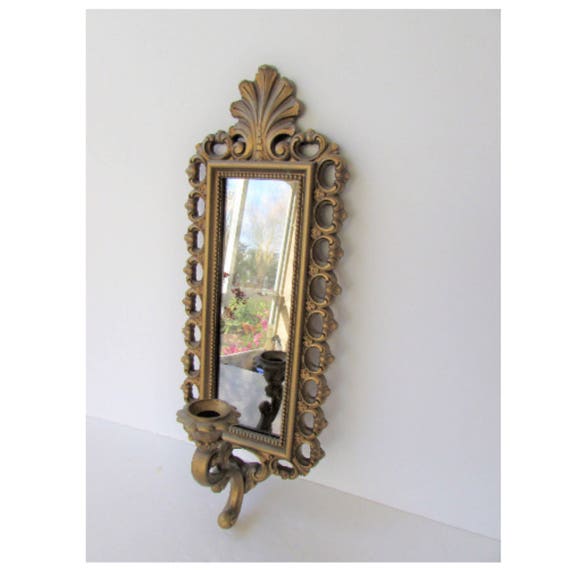 Mid Century Resin Mirror Sconce Dart Co Wall Candle Hollywood Regency Ornate Gold Smoky Bronze Decoration