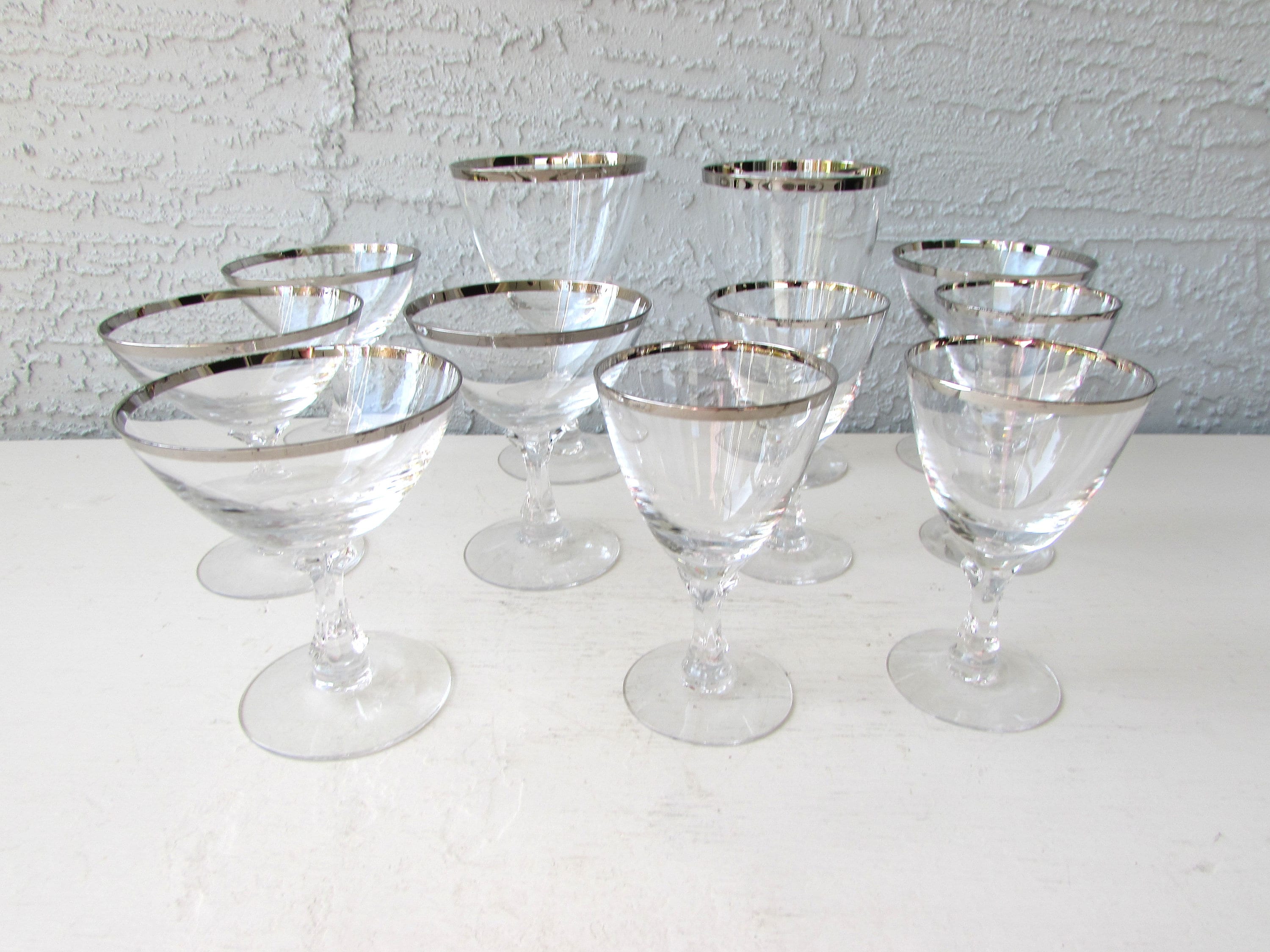 Vintage Platinum Rim CRYSTAL Etched Wine Glasses, Set of 7