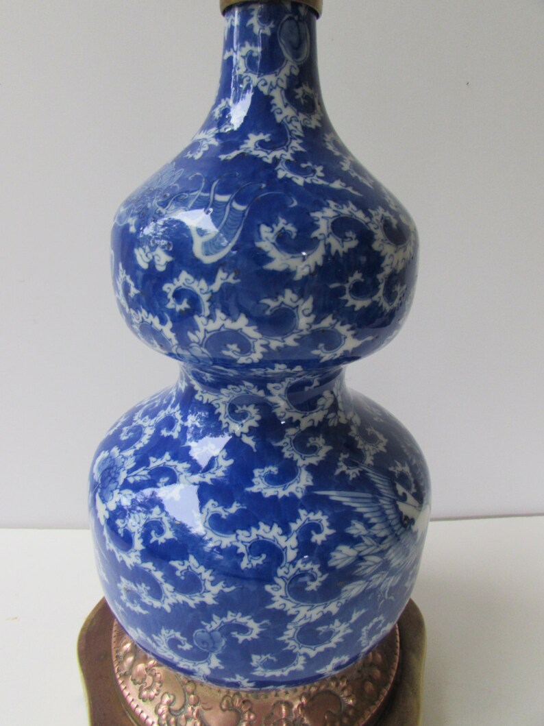 Copper and Brass Base Porcelain Double Gourd Table Lamp Blue and White Vintage Table Lamp Original Shade Asian Blue Chinoiserie