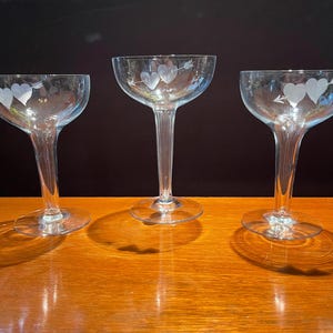 Vintage Etched Heart Coupe Glasses - Set of 3 - Wedding Champagne Toast