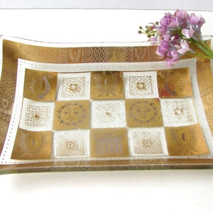 Vintage Glass Dish Georges Briard Mid Century- Hors d&#39; Oeuvre Tray or Dish - Metallic Gold - Bread Tray - Greek Design - Gilt Fused Glass