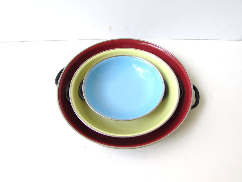 Colorful Kitchen Classic Mid Century Kitchen Mid Century Nesting Enamel Shallow Bowls or Trays Red Blue Unique Serveware Yellow