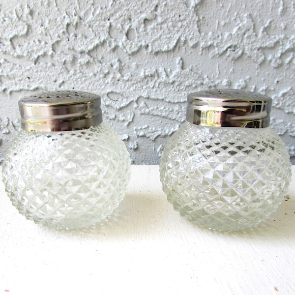 Vintage Pressed Glass Salt and Pepper Shakers - Round Pressed Diamond Points - Marked Grace