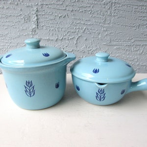 Vintage Cronin Pottery Bean Pot & Casserole Set: Blue Tulip Design