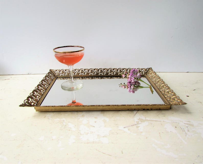 Mid Century Large Mirror And Brass Vanity Tray Filigree Trinket