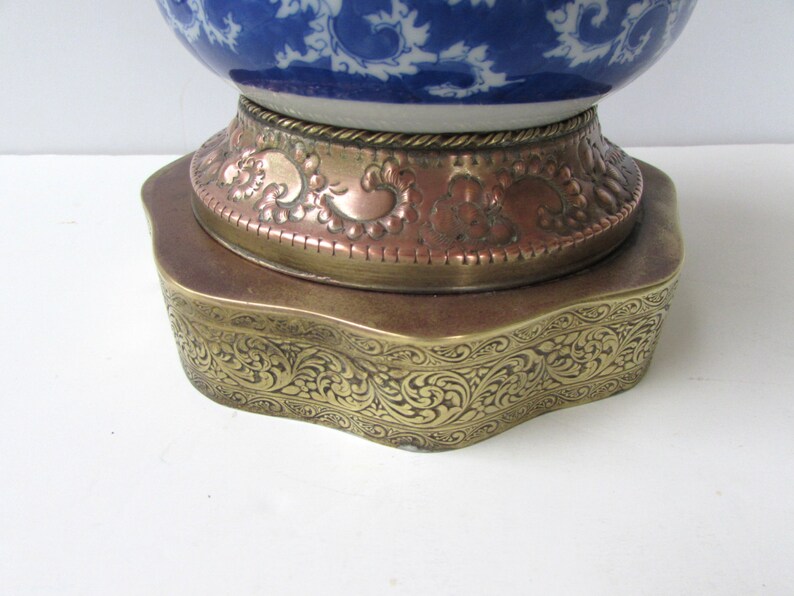 Copper and Brass Base Porcelain Double Gourd Table Lamp Blue and White Vintage Table Lamp Original Shade Asian Blue Chinoiserie