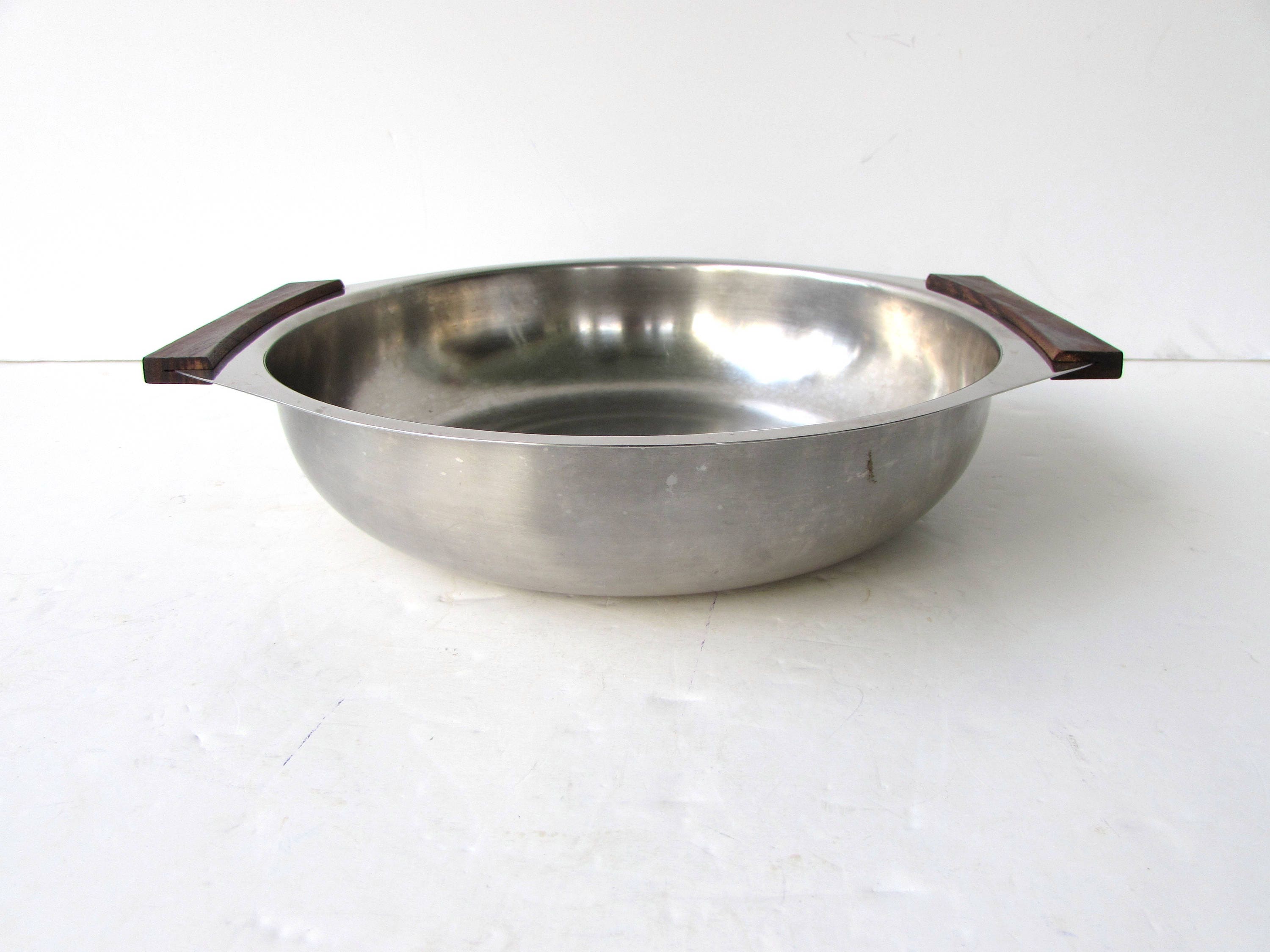 mid century modern stainless steel serving bowl with wood handles