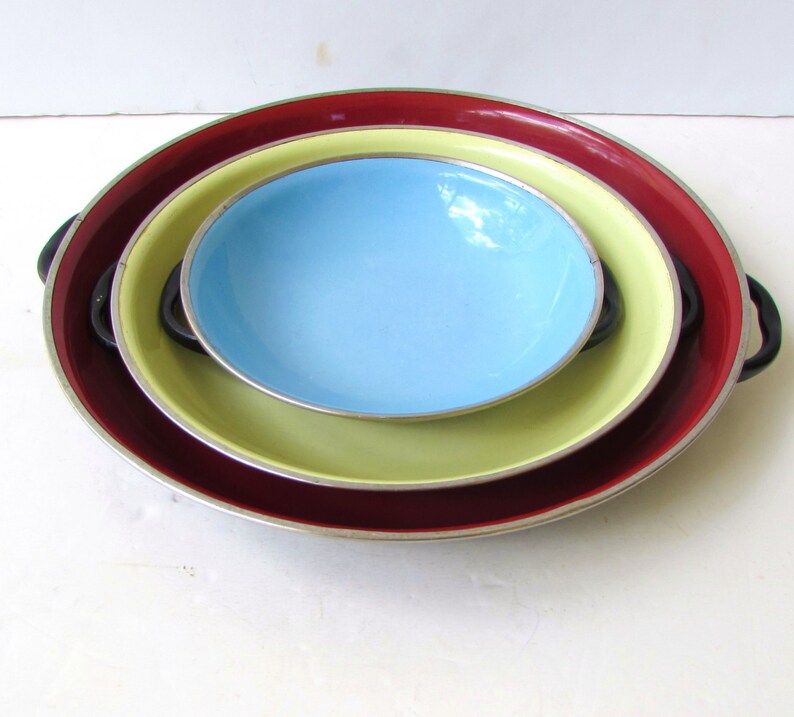 Colorful Kitchen Classic Mid Century Kitchen Mid Century Nesting Enamel Shallow Bowls or Trays Red Blue Unique Serveware Yellow