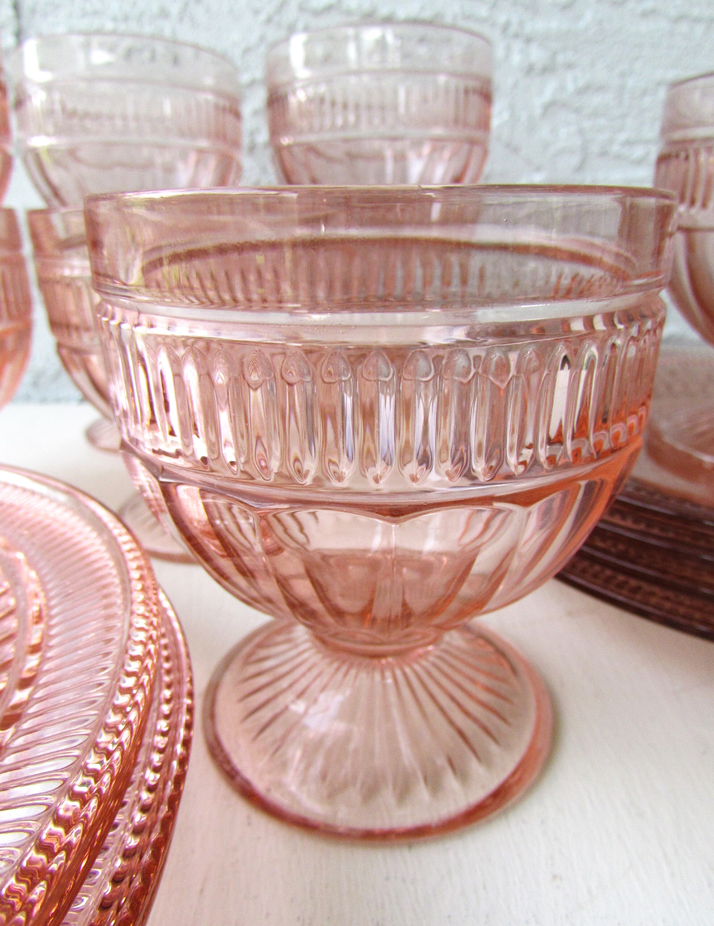 Vintage Pink Glass Dessert Set: Coronation Plates & Coupe Dishes