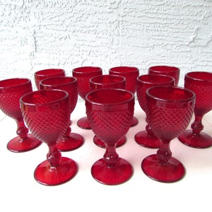 Vintage Red Pressed Glass Wine Goblets - Ivima -  Diamond Point Ruby - Made in Portugal