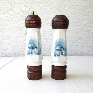 Vintage Wood Porcelain Salt and Pepper Shakers: Blue Winter Ski Lodge Scene