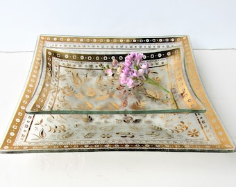Vintage Glass Dishes or Trays - Mid Century Georges Briard - Hollywood Regency  - Gold Floral Design  Hors d' Oeuvre - Metallic Gold