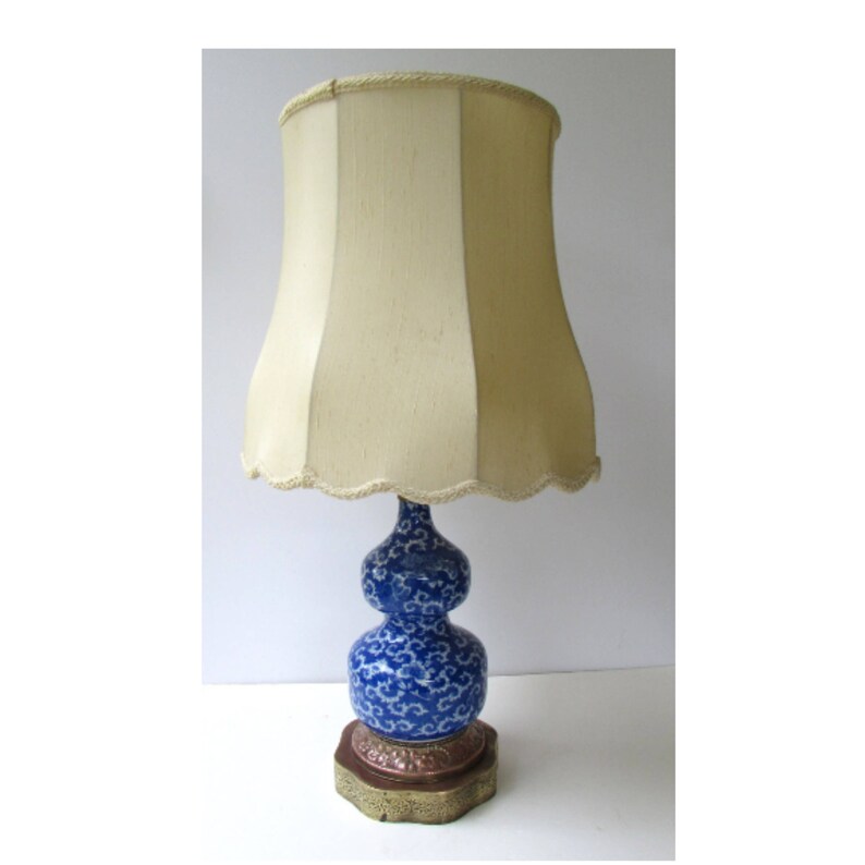 Copper and Brass Base Porcelain Double Gourd Table Lamp Blue and White Vintage Table Lamp Original Shade Asian Blue Chinoiserie