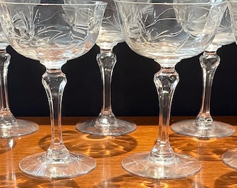 Vintage Etched Coupe Champagne Glasses - Set of 7 - Floral Bowls