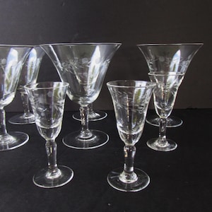 Vintage Etched Crystal Wine Glass Set: Flared & Cordial Glasses