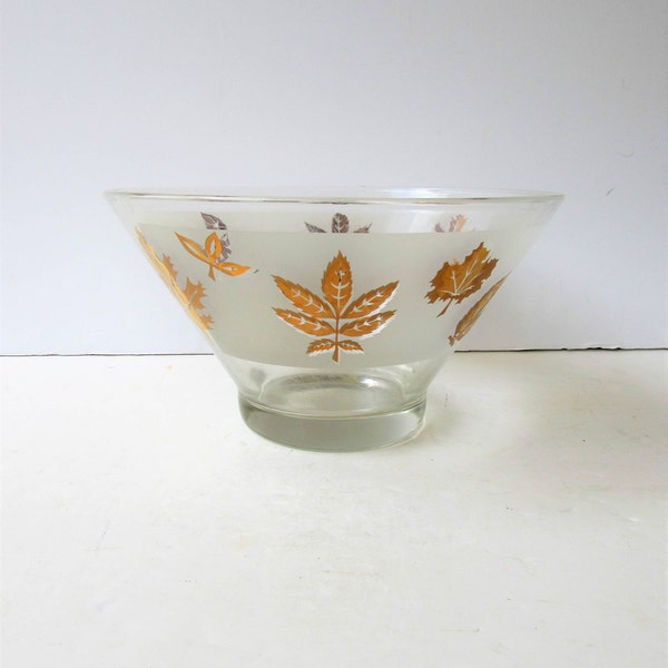 Libbey Golden Foliage Bowl - Frosted Glass and Metallic Gold Leaves Design - Snack Bowl - Salad Bowl - Punch Bowl - Classic Mid Century Mod