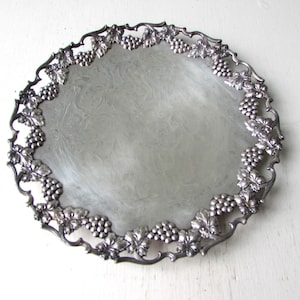Vintage Silverplate Round Tray - R Monogram - Shabby Chic Silver Plate Tray with Grape Design  - Marked