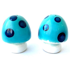 Vintage Mushroom Salt and Pepper Shakers - Mod Aqua and Navy Blue Mushroom Design - Ceramic Mushroom Shakers
