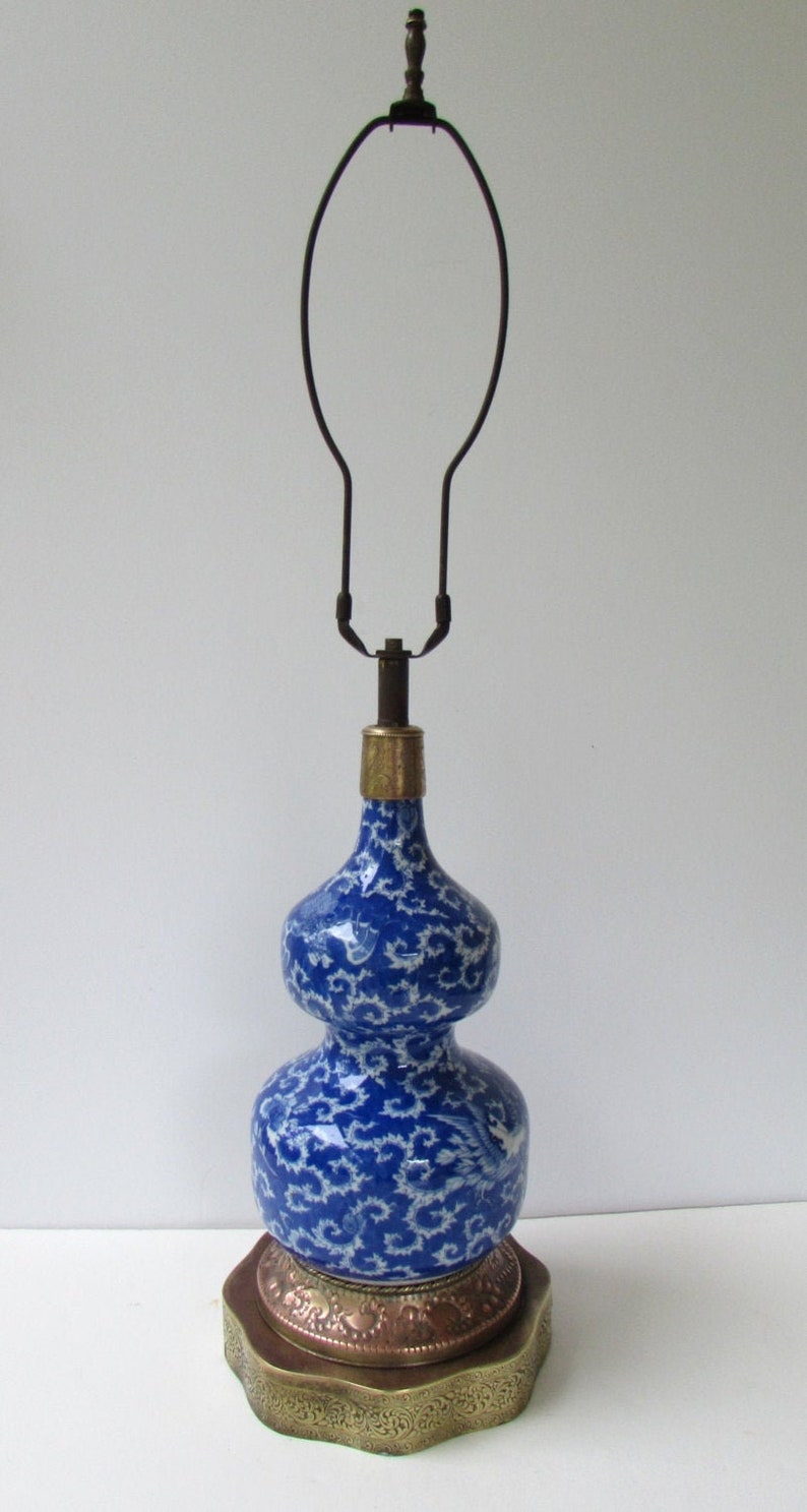 Copper and Brass Base Porcelain Double Gourd Table Lamp Blue and White Vintage Table Lamp Original Shade Asian Blue Chinoiserie
