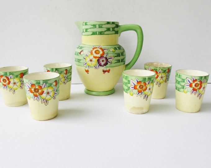 Vintage Ceramic Pitcher Set - Bright Yellow and Green Wicker Pattern ...