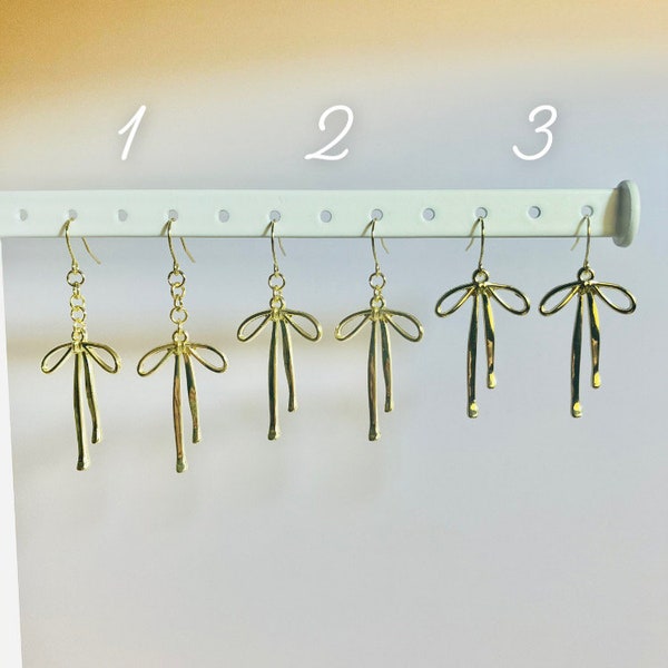 Gold Bow Ribbon Dangle Earrings - Choose Your Length - Feminine Dainty Minimalist Timeless Gold Drop Earrings Gift for Girlfriend