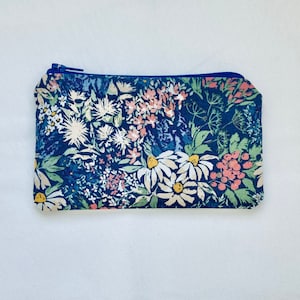 Wildflower blue coin pouch with zipper, Rocky Mountain Wild Riley Blake