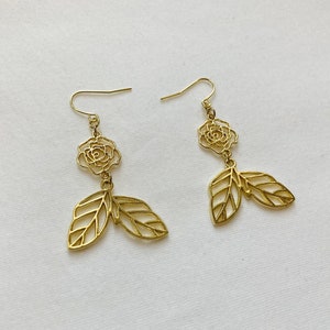 Rose petal leaf drop earrings, gold