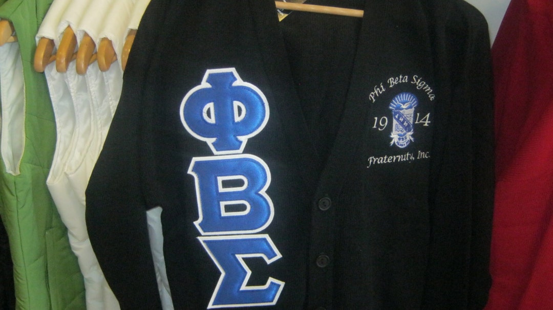 Phi Beta Sigma Cardigan Sweater With Stitched Letters and Crest