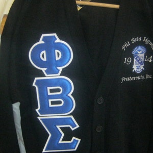 Phi Beta Sigma Cardigan Sweater with Stitched Letters and Crest, Size Large, Black, Greek Fraternity Gear