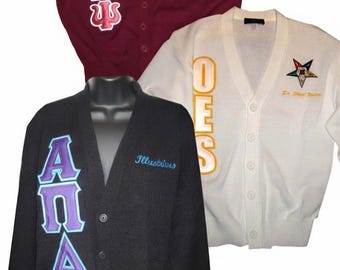 Custom Greek Cardigan Sweater with Letters and Crest Lifetime Embroidery Guarantee