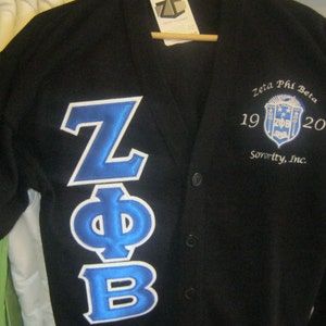 Zeta Phi Beta Cardigan Sweater with Stitched Letters and Crest, Size Small, Black, Greek Sorority Gear