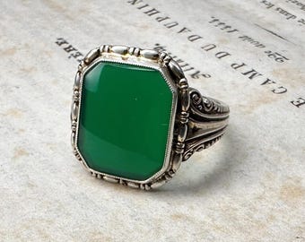 Grüner Achat Siegelring, Holländischer Art Deco Siegelring, Größe 7 1/2