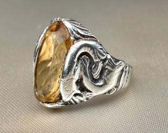 1930s Art Deco Silber Citrin Cocktail-Ring, Silber, US-Größe 6
