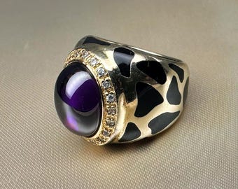 Vintage Amethyst Cabochon Ring, Onyx Sterling Silber Cocktail Ring