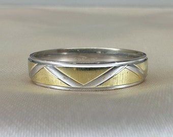 German 14k Gold Modernist Band, Bi-Color Yellow White Gold Wedding Ring, US size 12