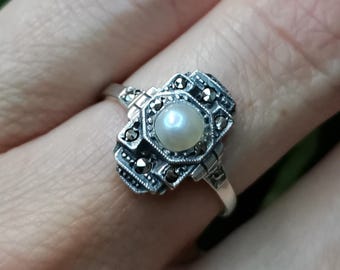 antiker Art Deco Damenring, Perle & Markasiten, Größe 16 3/4